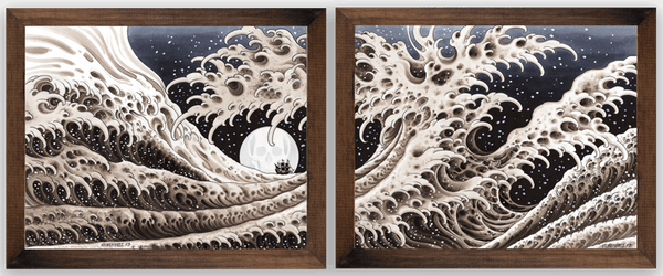 Great Wave Diptych Canvas Art by Mike Rubendall in Natural Stained Wood Frame